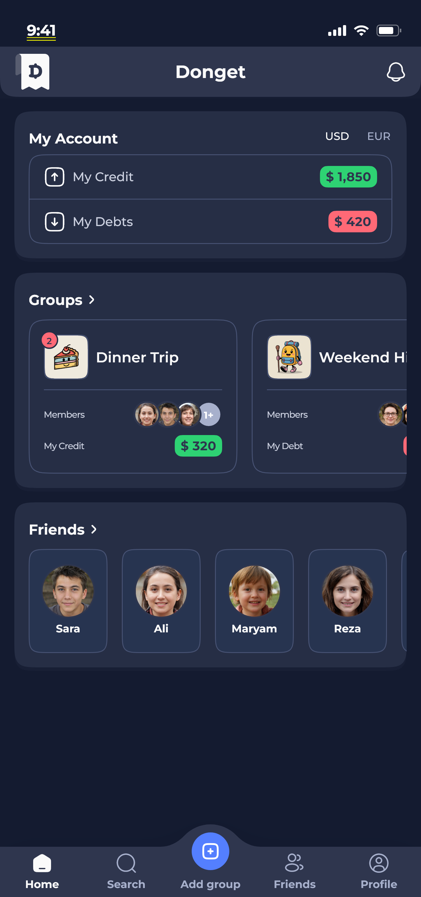 Donget app — home screen